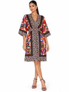 Single 100% Silk Scarf Print Kimono Dress L